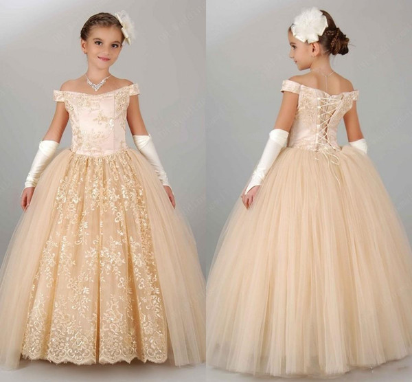 Princess New Arrival Off Shoulder Girl's Pageant Dresses Champagne Lace Appliqued Floor Length Formal Wedding Party Gowns For Kids BA0823