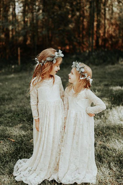 Chic Rustic Full Lace Flower Girls Dresses Long Sleeve O Neck Floor Length Zipper Back First Communion Dresses Girls Pagenat Gown