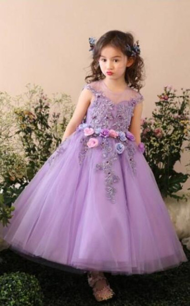 charming purple Flower Girl Dresses Tulle girls ball gown sheer Straps Sleeveless lace Applique Pageant Gowns