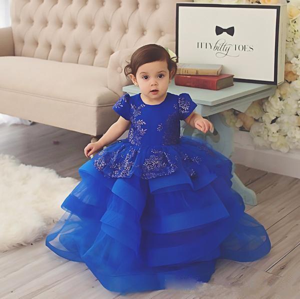 Royal Blue Flower Girl Dresses For Weddings short Sleeves Tiered ruffles skirt First Communion Dress Floor Length Kids Pageant Gowns