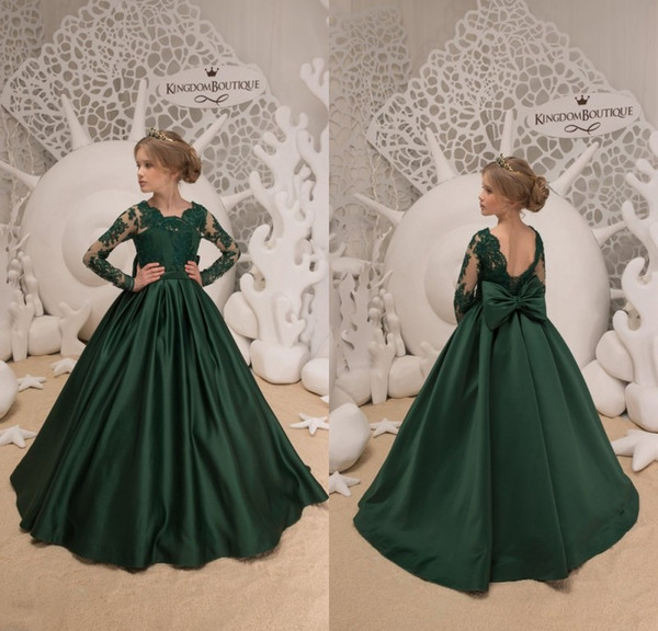 Dark Green Simple Elegant Flower Girls Dresses with Long Sleeves Bow Lace Satin Kids Wedding Party Gowns