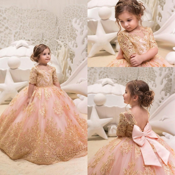 Princess Half Sleeves Gold Lace Appliqued Flower Girls' Dresses Bow Sash Organza Girls' Party Pageant Birthday Party Dress BC0100