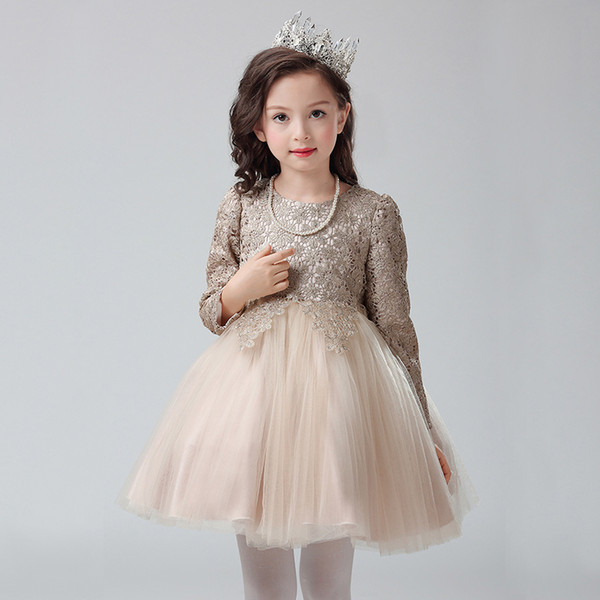 2017 New Arrival Long Sleeves Lace Champagne Flower Girls Dresses Ball Gown Soft Tulle Lace Top Zipper Back Girls Party Dress Cheap