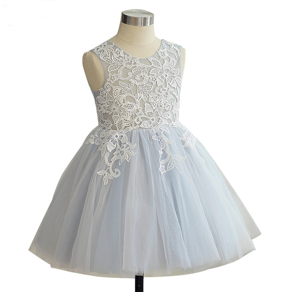 Light Sky Blue Flower Girls Dresses Lace-up Back Tea Length Ball Gown Soft Tulle with Floral Lace Girls Party Gowns Cheap