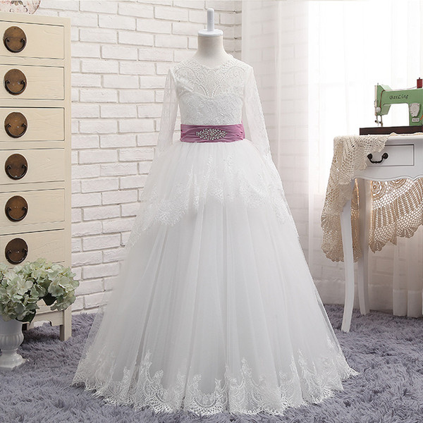 White Lace Long Sleeves Ball Gown Flower girls Dresses Open back Floor Length Girls Party Dresses Lace Dress