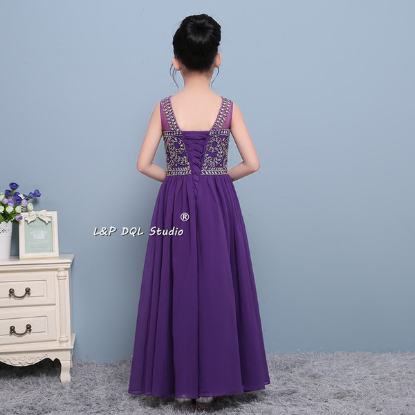 2017 New Arrival Purple Flower Girls Dresses Chiffon with Sparkling Beads Sequins Maxi Girls Party Dress Cheap Lace-up/Zipper Back Cheap