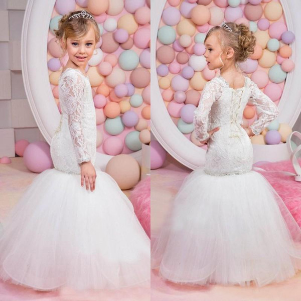 Mermaid Lovely Style Flower Girls Dresses Ivory Lace Long Sleeves New Arrival Tulle Sequins Jewel Neckline Birthday Party Gowns for Weddings