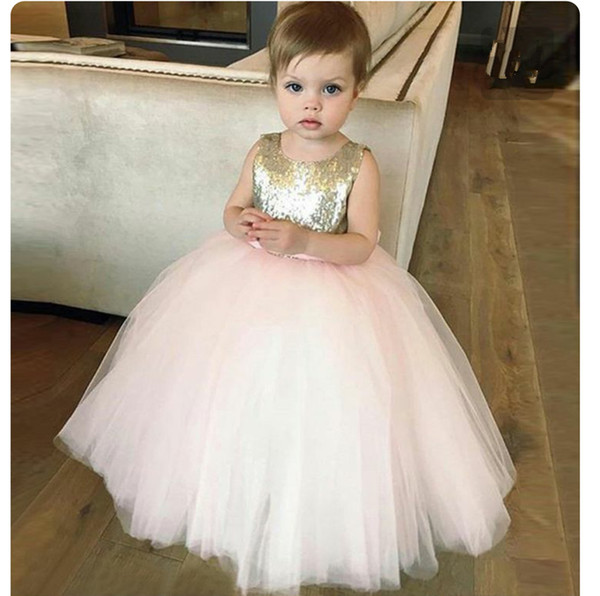 Shining Sequined Flower Girls Dresses Ball Gown Pleats Tulle White and Pink Girls Party Dresses Backless with Big Bow