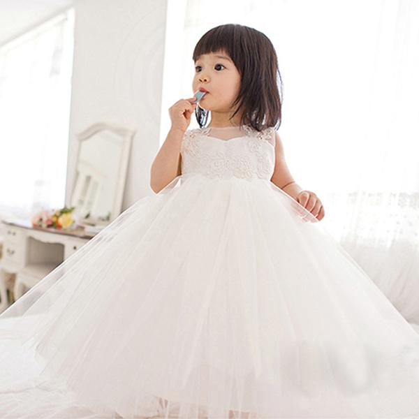 2017 Ivory Ball Gown Flower Girls Dresses Cute Girls Party Dress Zipper Back Ankle Length Soft Tulle with Applique BIG Bow Zipper Back