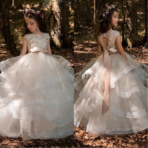 New Beads Tiered Skirts Flower Girls Dresses Lace Appliqued Little Kids First Communion Dress Bow Sash Pageant Ball Gowns BA7652