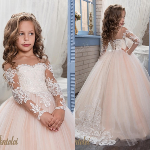 Kids Flower Girls Dresses for Weddings 2018 Pentelei with Illusion Long Sleeves Tulle Blush Little Girls Gowns Arabic Kids Pageant Dress mz