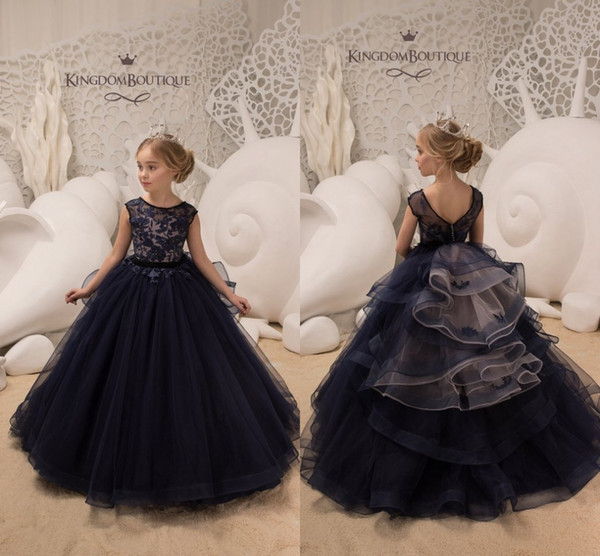 Dark Navy Jewel Neck Capped Sleeves Princess Flower Girl Dresses Lace Appliqued Tulle Girls Pageant Gowns For Birthday Weddings