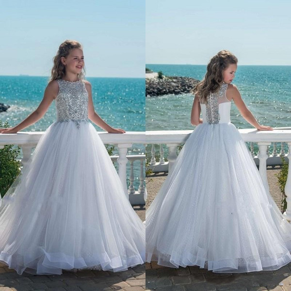 Glitz Beaded Crystal Girls Pageant Dresses for Teens Tulle Floor Length Beach Flower Girl Dresses for Weddings Custom Made