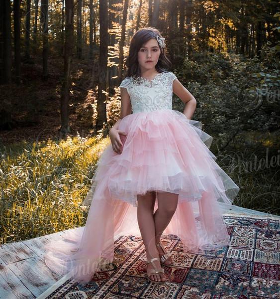 Lovely Lace Pink Flower Girls Dresses for Country Wedding Hi-Lo Bateau Cap Sleeves Beaded Ball Gown Tulle Kids Party Girls Pageant Dress