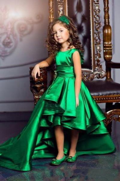 Cute Emerald Green Girls Pageant Dresses Jewel Neck Sleeveless Ruffles High Low Short Front Long Back flower girl dresses for weddings