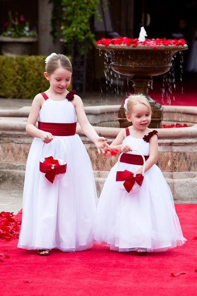 Lovely A Line Flower Girls Dresses Red Sashes Floor Length First Communion Dresses Girls Pageant Gown For Country Wedding Wear