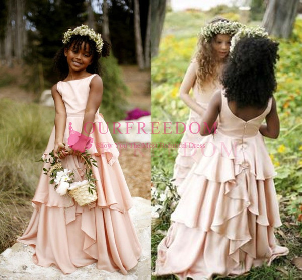 Chic Rustic Dusty Pink Flower Girls Dresses Jewel Neck A Line Tiered Skirts Backless First Communion Dresses For Garden Wedding