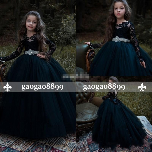 Fall Black Ball Gown Flower Girl Dress New Scoop Illusion Long Sleeve Lace Appliques Empire Tulle Tired Skirts Girls Dresses