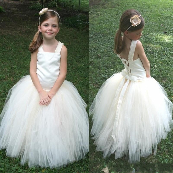 Cheap Sweety Flower Girl Dresses for Weddings Tulle Floor Length Girls Pageant Dress Lace Up Birthday Ball Gowns with Strap