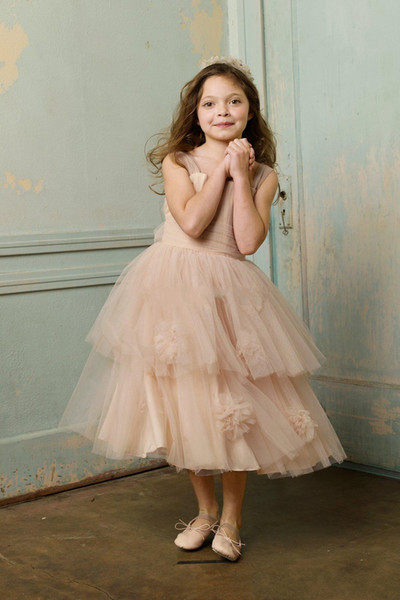 Sweet Square Neck Flower Girl Dresses Ruched A-Line Tulle Tea-Length Champagne Pageant Dresses Girl Birthday Party Beautiful Gowns