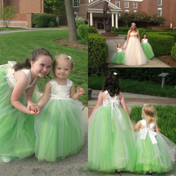 Lovely White and Green Ball Gown Flower Girls Dresses Floor Length Girls Dresses Communion Dress Children for Wedding Dresses