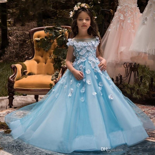 Lovely Ice Blue Sheer Neck Flower Girl Dresses for Wedding with Flora Appliques Gowns Hollow Back Children Birthday Party Dress