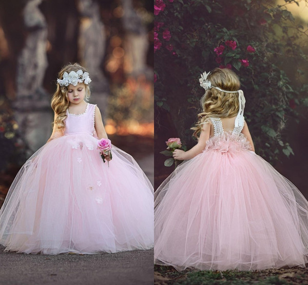 Vintage Pink Ball Gown Tulle Flower Girl Dresses Sleeveless New Cute Handmade Flowers Lace Back Girls Pageant Dresses For Weddings