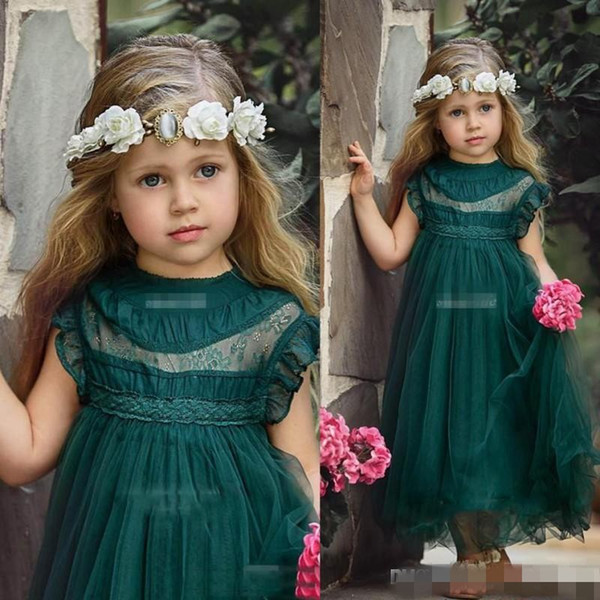 Cute Dark Green Flower Girl Dresses A Line Crew Cap Sleeves Girls Pageant Gowns Tulle Lace Appliques Baby Birthday Party Dress