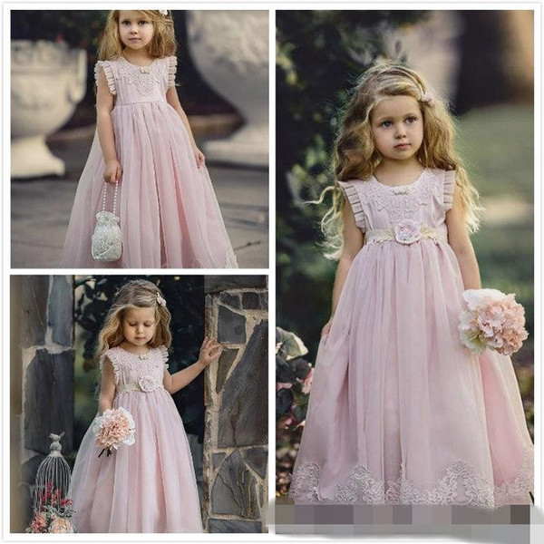 New Fashion Flower Girl Dresses Ball Gown Sleeveless Floor Length Made Princes Tulle Lace Jewel Bow Kids First Communion Gowns