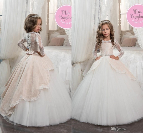 Blush white Flower Girls Dresses Long Sleeve Lace Bows Pageant Gowns for Kids Wedding Party Ball Gowns DTJ