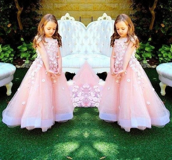 Baby Pink Sweety Wedding Flower Girls Dresses With Handmade Flowers Princess Girls Pageant Dress Tiered Tulle Kids Party Birthday Gowns