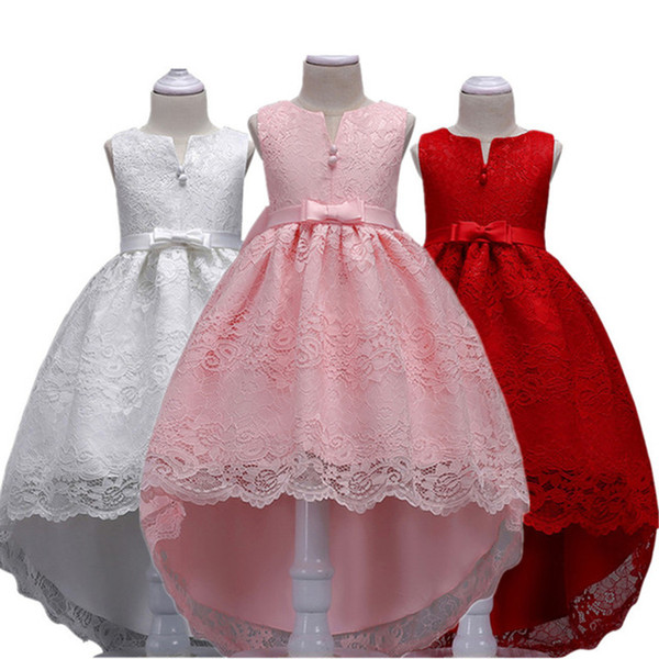 2022Lace High Low Flower Girls Dresses Princess A Line Knee Length Kids Birthday Party Gown Communion Dresses with Big Bow Sash MC1499