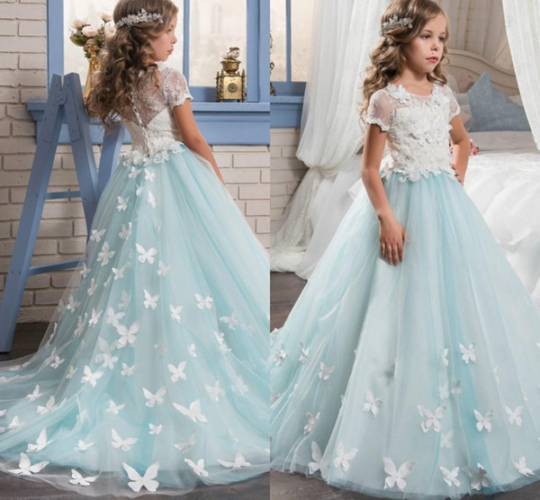 Babyonline Cheap Flower Girl Dresses For Wedding 2022Vintage Butterfly Fitted Sheer Lace Appliques Kids Communion Dresses Formal MC1291