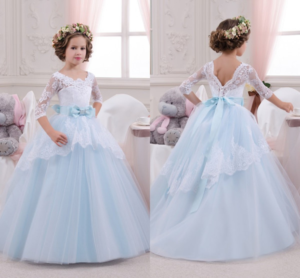 Cute Sheer Half Sleeves Flower Girl Dresses For Weddings Appliques Ruffles with Sash Ball Gowns Girl Pageant Gowns Formal MC1543