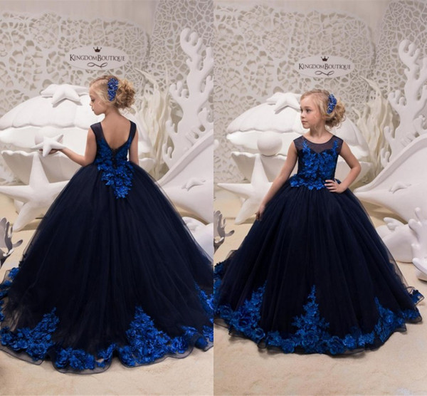 Latest Flower Girl Dresses Dark Navy with Royal Blue Appliques Long Kids Toddler Formal Pageant Gowns Birthday Party Dress Long BC0307