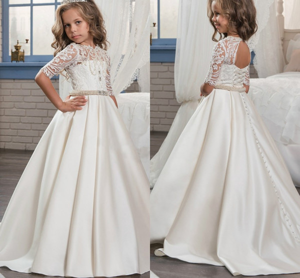 Modest Sheer Half Sleeves Floor Length Flower Girl Dresses Princess A Line Lace Appliques Satin with Beaded Sash Girls Party Gowns MC1538