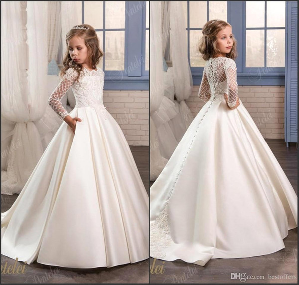 Princess White Lace Flower Girl Dresses Sheer Long Sleeves First Communion Birthday Party Dresses Girls Pageant Dress For Weddings BA5126