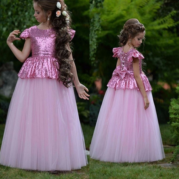 Lovely Rosy Pink Little Girls Cute Flower Girl Dresses Bling Sequins Bow Back Cap Sleeves Peplum Kids Birthday Communion Gowns