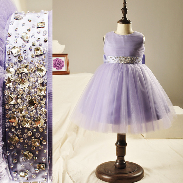 Lavender Flower Girl Dresses Ball Gown Tea Length Flower Girls Dreses Pleats Tulle with Sparkling Beads Pearls Ivory New Arrival