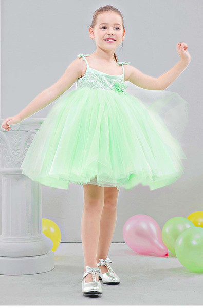 Little Kid Empire Dress Puffy Tulle Skirt Lace Bodice Girls' Dress With Bow Back Knee Length Ball Gown 