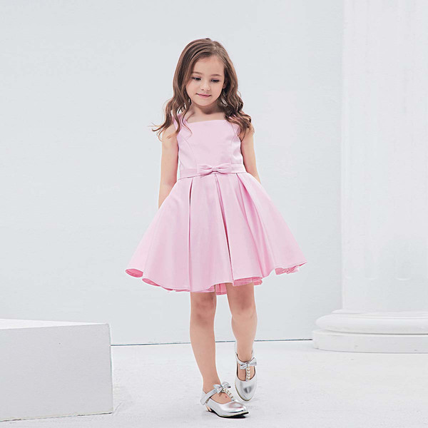 2019 New Design cheap Children Dresses With Bow Knee Length Zip Back Girls Satin Dress Free Shipping