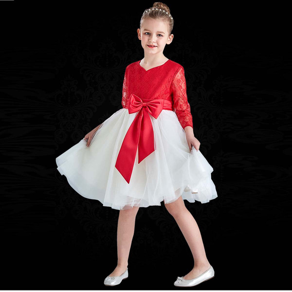 New Design Long Sleeve Lace Bodice Children Dresses With Belt Knee Length Zip Back Girls Pageant Dress