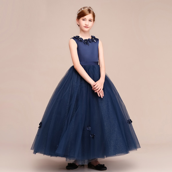 New Design Navy Blue Ball Gown Glitter Tulle Flower Girls' Dresses Ankle Length With Beaded Flowers Zip Back