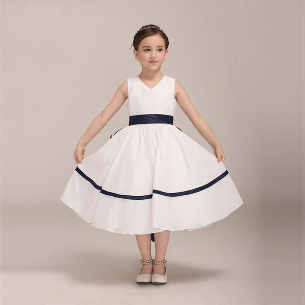 Collection Tea Length Girls' Pageant Dress White & Black Birthday Party Style Child Dancing Small V-Neck Dress