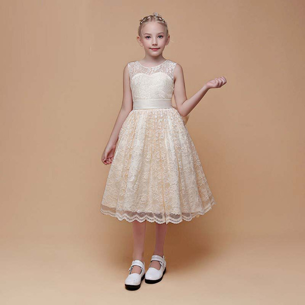 New Arrival Pretty Girls' Champagne Lace Dress Birthday Party Jewel Neckline Tea Length Style Child Dancing Dress