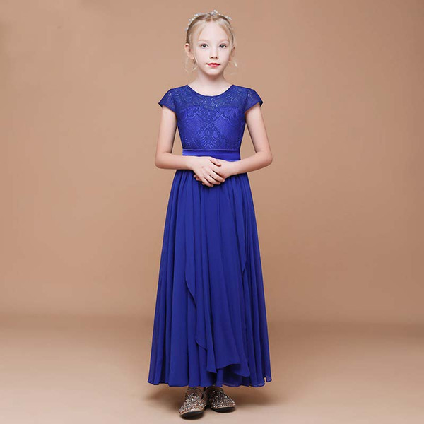 New Arrival Pretty Girls' Royal Blue Lace Dress Birthday Party Ankle Length Style Child Dancing Chiffon Dress