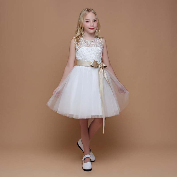 Beautifull Girl White Tulle Flower Girl Dress Knee Length Fashion Lace Bodice Children's Party Dress With Sash