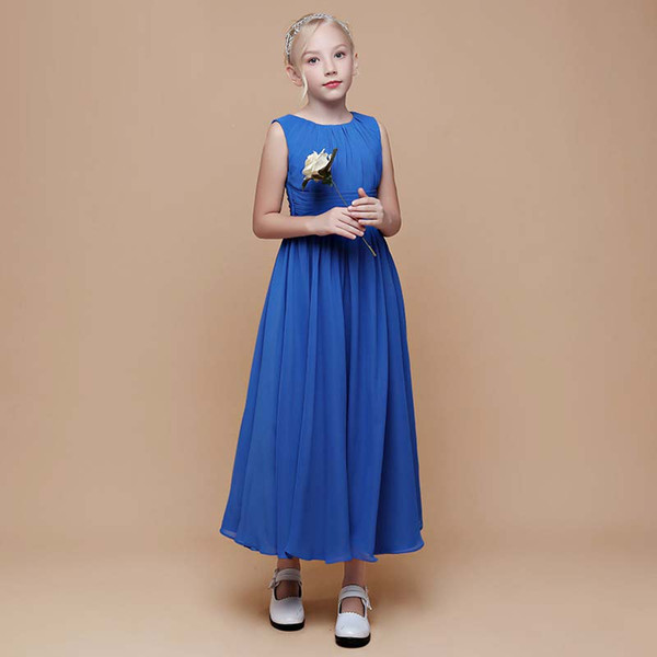 Jewel Neck Simple Chiffon Long Dress Flower Girl Tea Length Children's Party Dress 2019 New Design