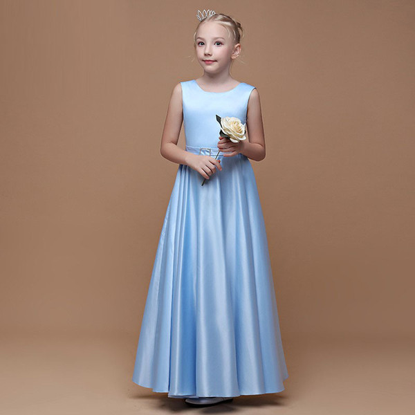 Light Blue Satin A-Line Style Floor Length Party Girl's Dress With Belt Beautiful Children Dress Design