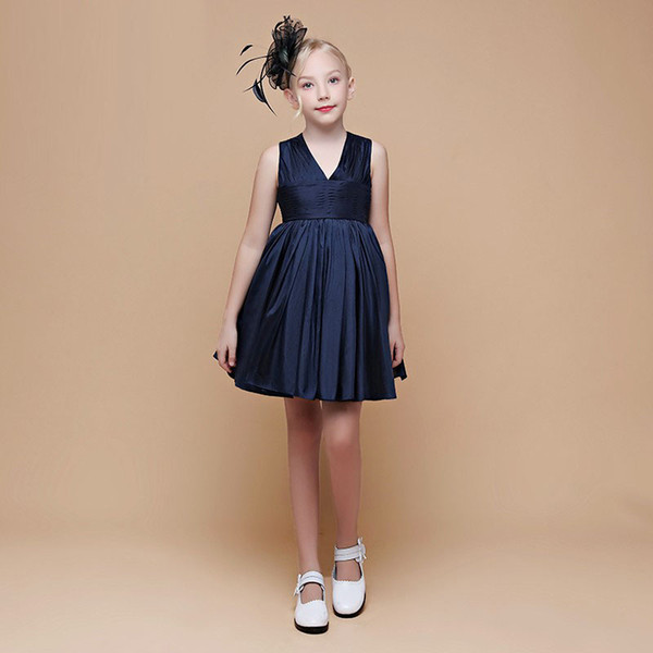 Navy Blue Satin A-Line Girl Party Dress Above Knee Length Professional Designer Pageant Girl's Gown Competitive Price